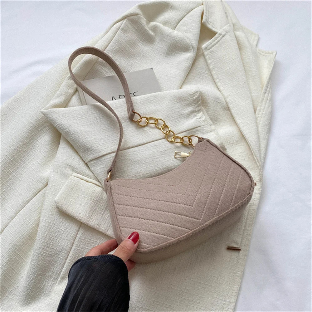 Brand Women Retro Underarm Bag Felt Solid Color Shoulder Bag Casual Purse