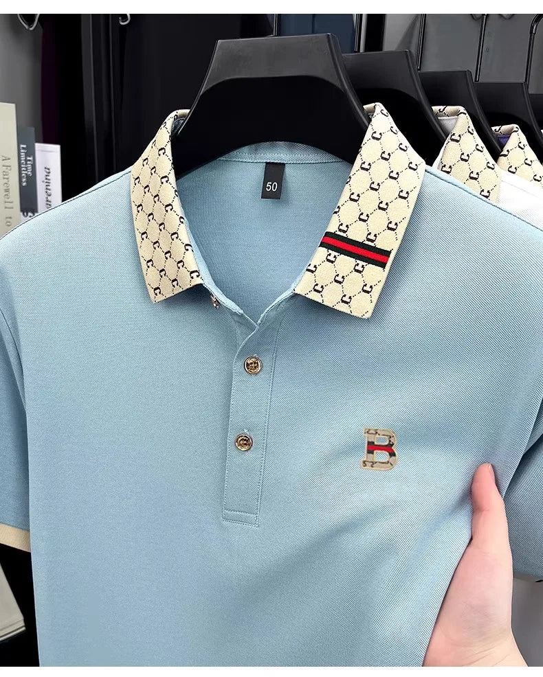 Luxury brand B letter embossed short sleeve polo shirt men summer lightweight breathable new fashion color blocked lapel T-shirt