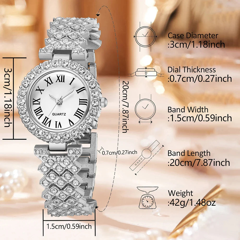 2-piece Ladies' Roman Scale Full Diamond Quartz Watch Heart Bracelet Accessory Set Suitable For Daily Wear