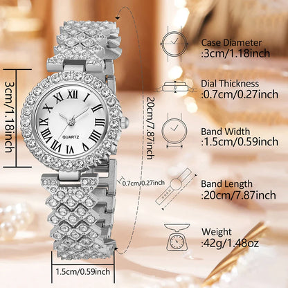2-piece Ladies' Roman Scale Full Diamond Quartz Watch Heart Bracelet Accessory Set Suitable For Daily Wear