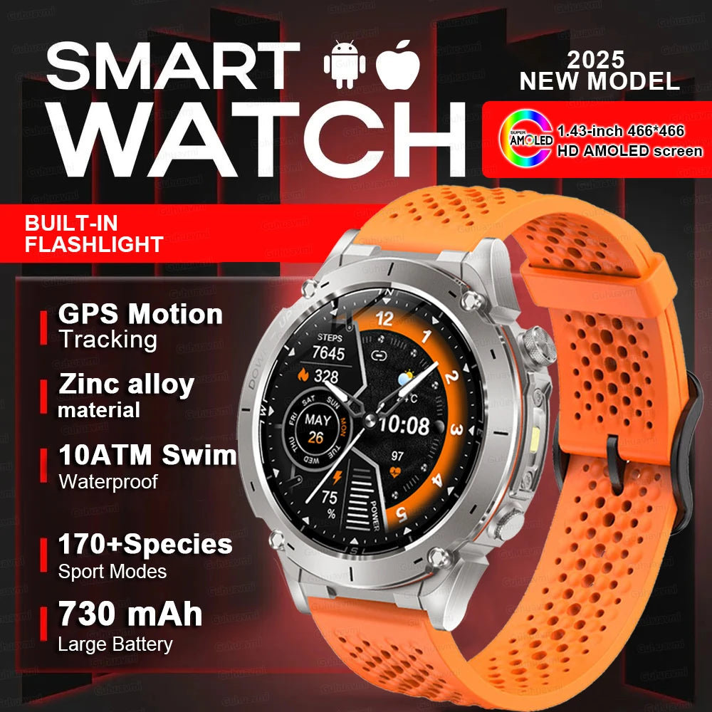 2025 Upgraded New Outdoors Sports Military GPS Smart Watch 10ATM Waterproof 730mAh High Battery Compass NFC HD BT Call Men Watch