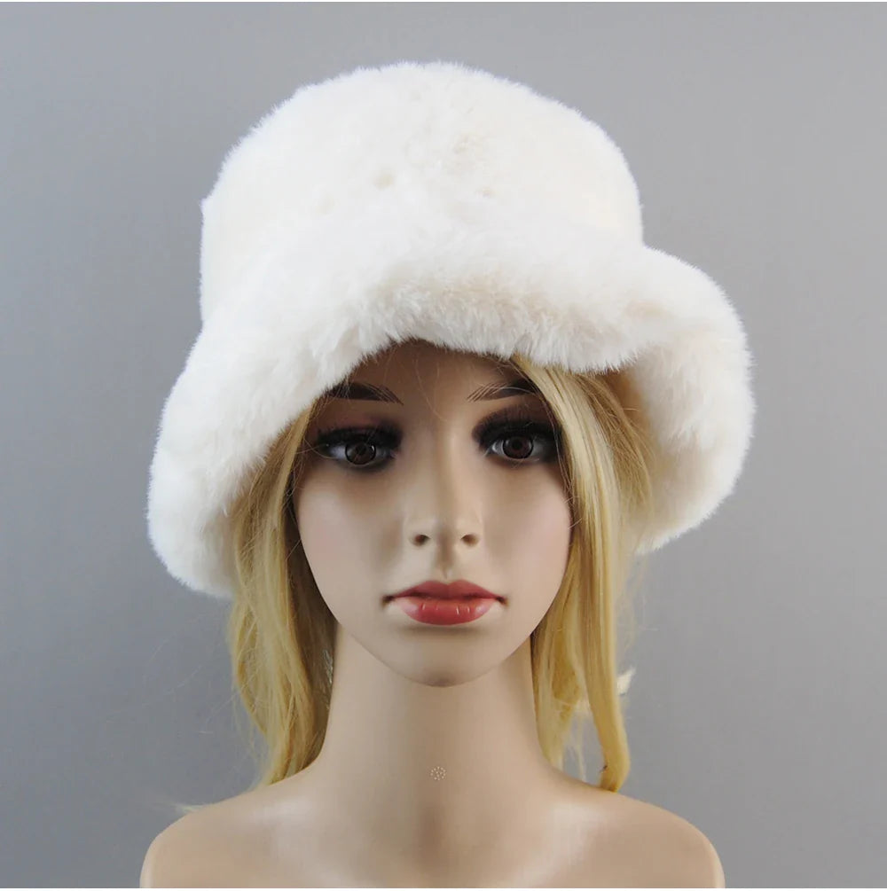 Hot Fashion Fake Rabbit Fur Hats Super Soft Women Winter Hat Cotton Lining Warm Russian Fashion Ski Beanies Plush Solid Color