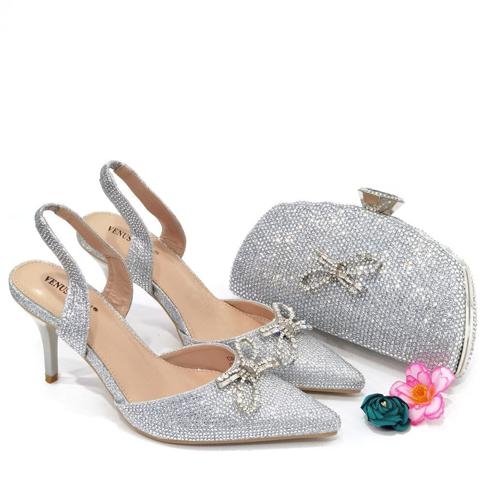Italian gold Shoes And Bag Sets For Evening Party With Stones