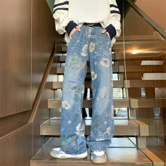 American Style Street Printing Jeans For Men Loose Fit Versatile Design