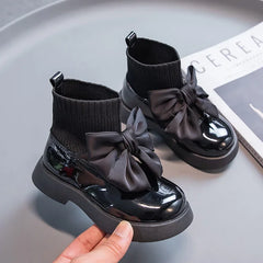 Children's Boots Fashion PU Solid Black Bow Girls Uniform Spring and Autumn