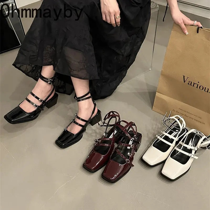 2024 Summer Design Women Sandal Fashion Narrow Band Dress Square Heel Shoes Ladies Outdoor Patent Leather Mary Jane Shoes
