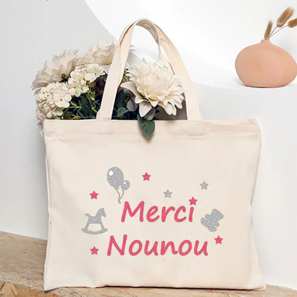 Merci Nounou French Printed Women Shoulder Bag Canvas Tote Bag Female