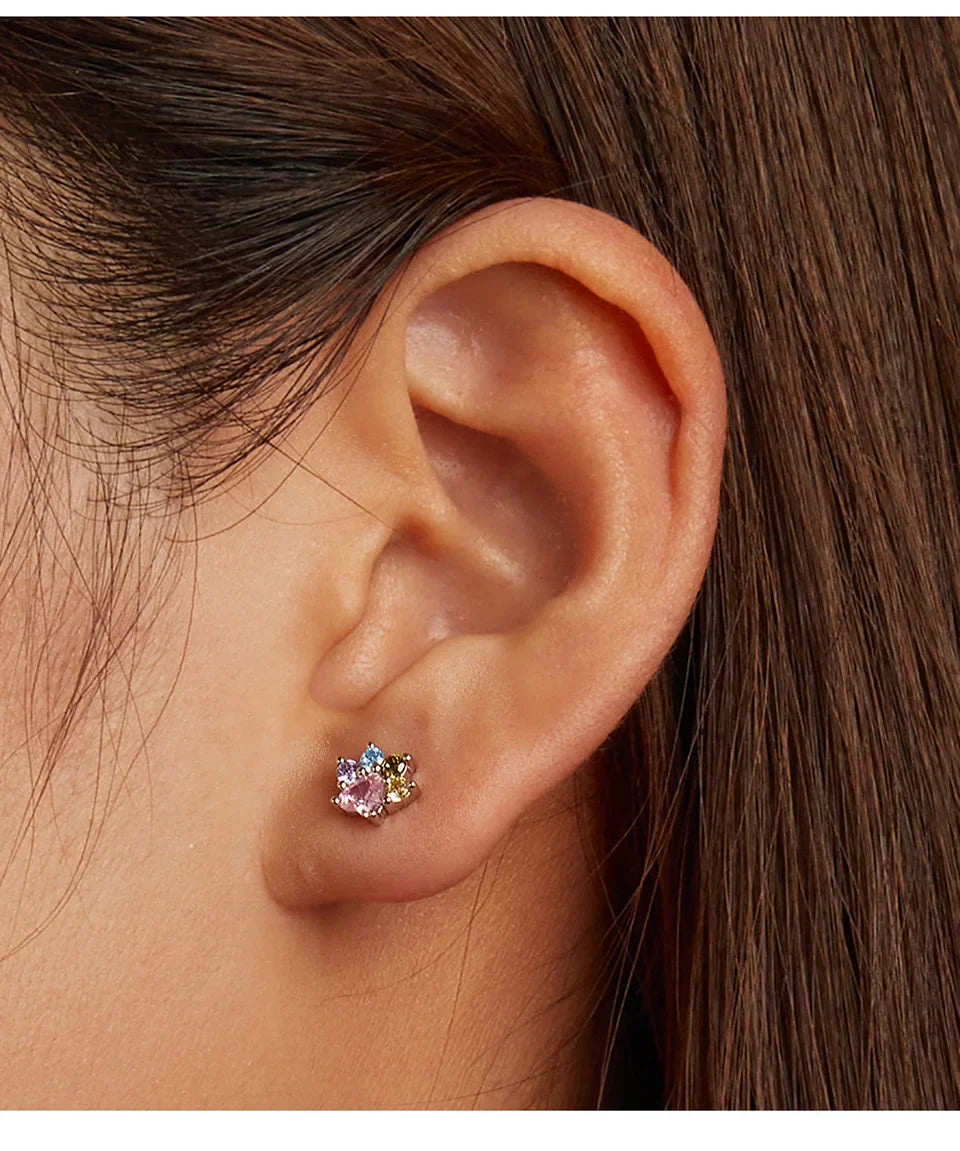 WOSTU 925 Sterling Silver Animals Cute Paws Rainbow Stud Earrings For Women Heart Oval Flower Zircon Crab Ear Studs Jewelry Gift