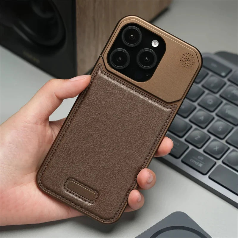 Aluminum Alloy Leather Magnetic Phone Case For iPhone 17 16pro 15 14 Pro Max Wireless Charging Metal Frameless Shockproof Cover