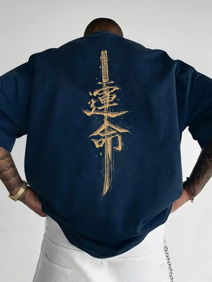 A men's short sleeved T-shirt made of pure cotton with a Japanese samurai sword pattern printed on it, regular style, fashionabl