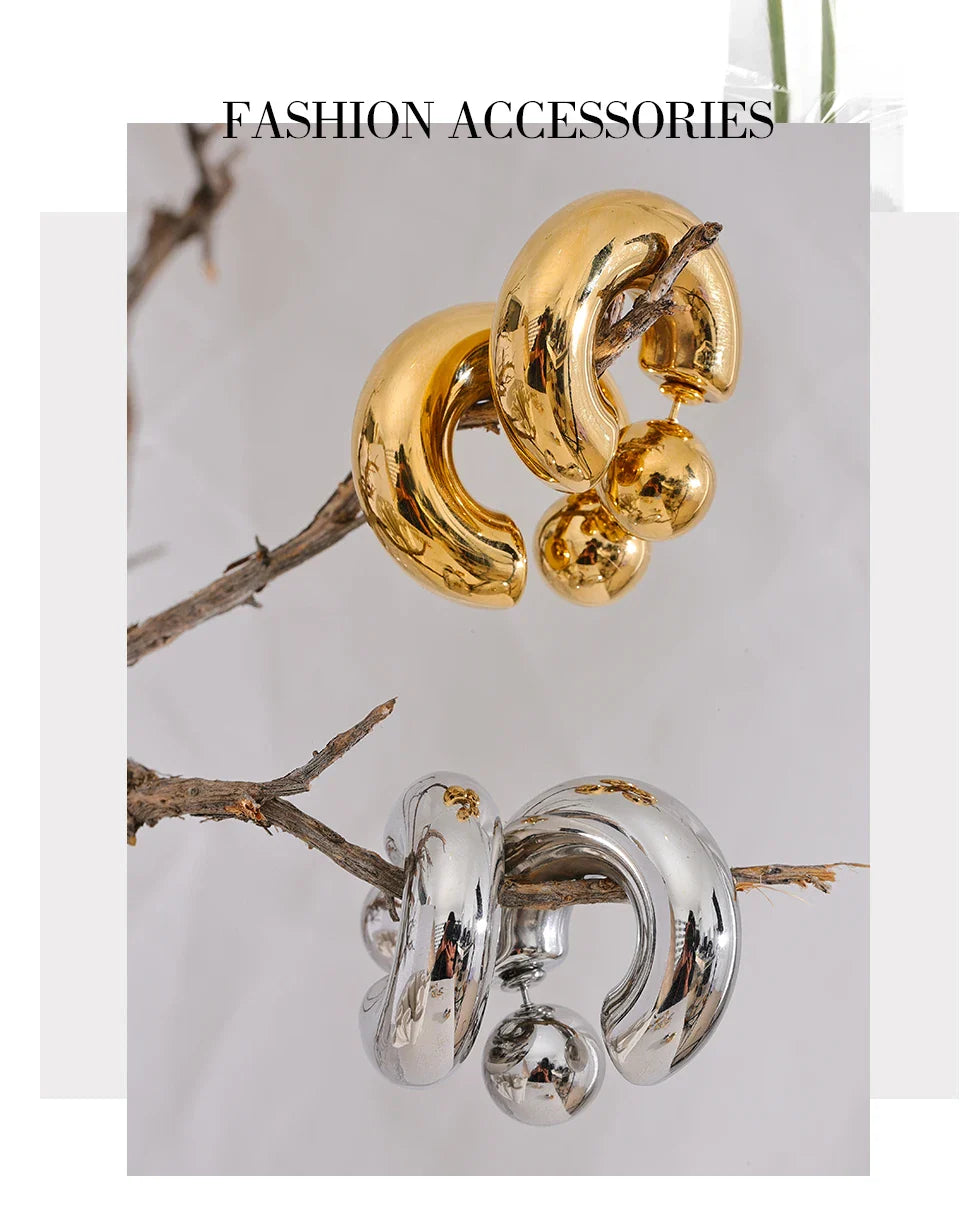 Yhpup Stainless Steel C Shape Round Chunky Unusual Earrings Jewelry Waterproof Metal Texture Attractive Women Accessories Gift