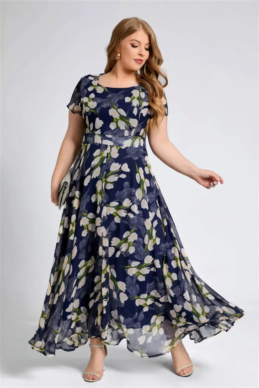 Plus Size Women Floral Printing Dress Short Sleeve Round Neck Chiffon A-line Female Elegant Casual Soft Fashion Summer Dresses