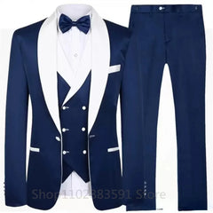 Blue Splicing Men‘s Suits 3 Pieces White Shawl Lapel Casual Tuxedos Suits Men (Blazer+Vest+Pants) For Wedding Groomsmen 2023