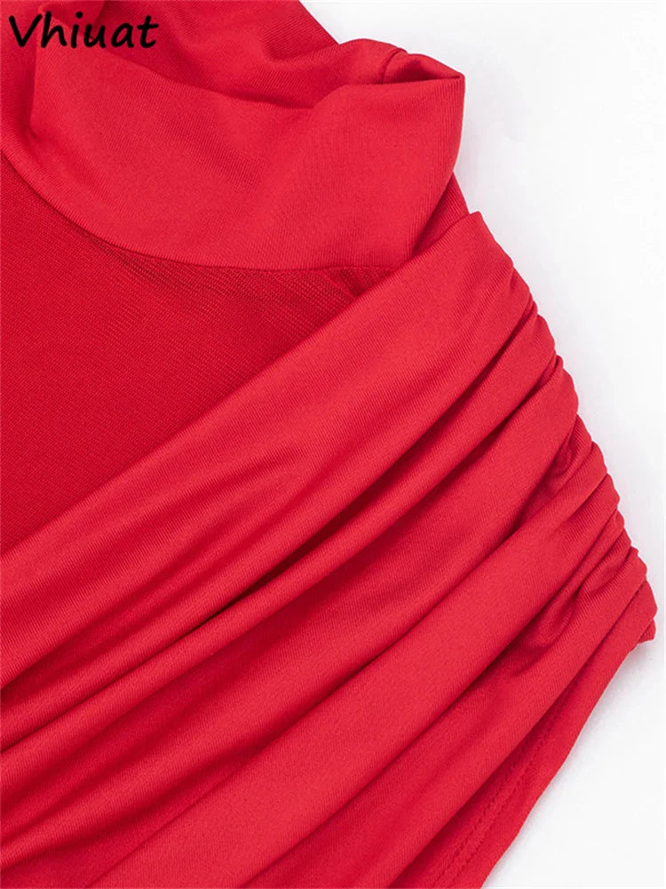 Vhiuat Mesh Turtleneck Sleeveless See Through Slim Bodycon Mini Dresses For Women Club Party Evening Sexy Pleated Dresses 2026