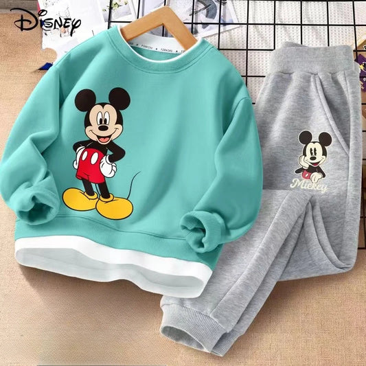 Autumn Baby Girls Boy Clothes Set Children Disney Mickey Printed Sweatshirts Pullover Top And Pants Suit Kid Faux Tracksuits
