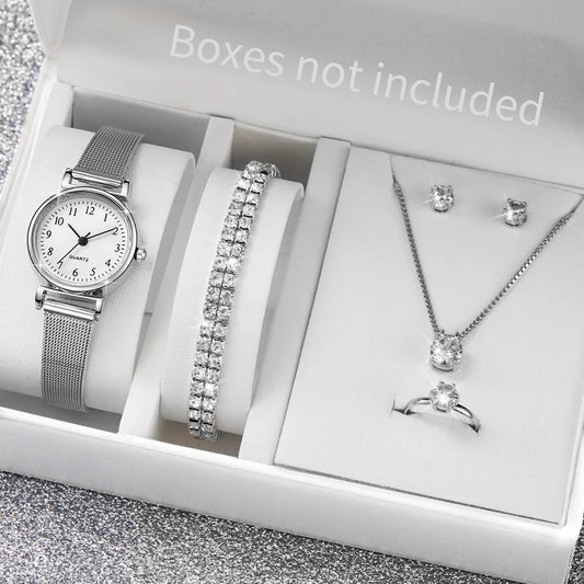 6PCS Fashion Women Watches Small Arabic Dial Quartz Watch Ladies Silver Mesh Band Wristwatches Jewelry Reloj Mujer（Without Box）