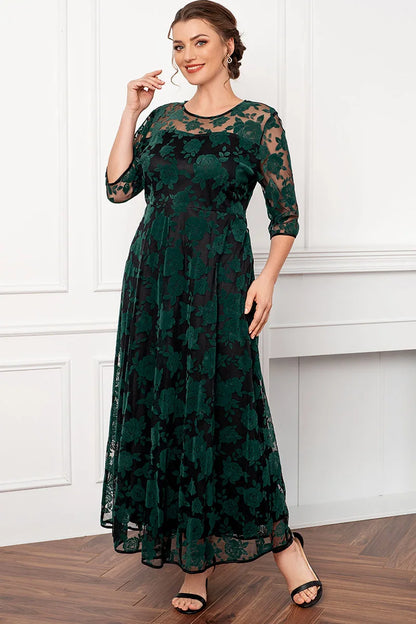 Women Plus Size Dress Mother Of The Bride Green Rose Flocking Mesh Double Layer Tunic Elegant Half Sleeve Evening Maxi Dresses