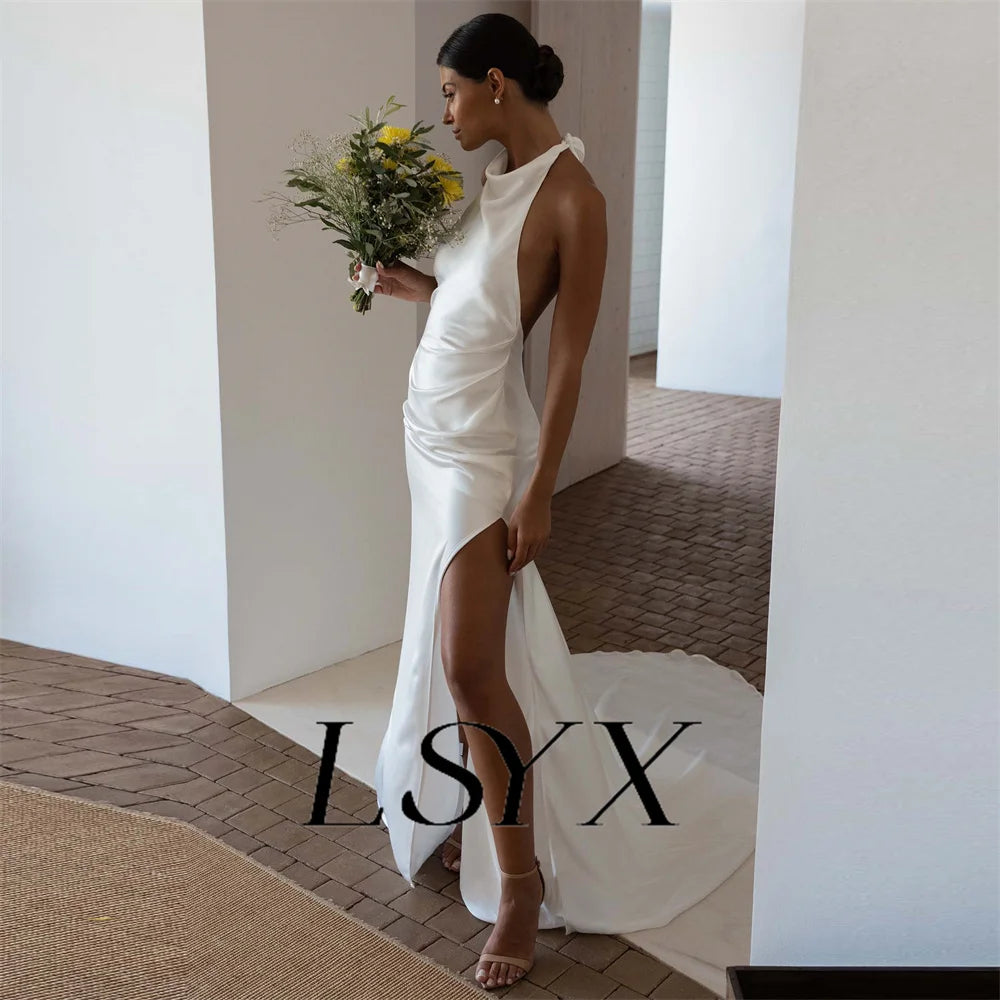 White Bridesmaid Dresses: Mermaid Wedding Dress Satin Open Back High Side Slit Floor