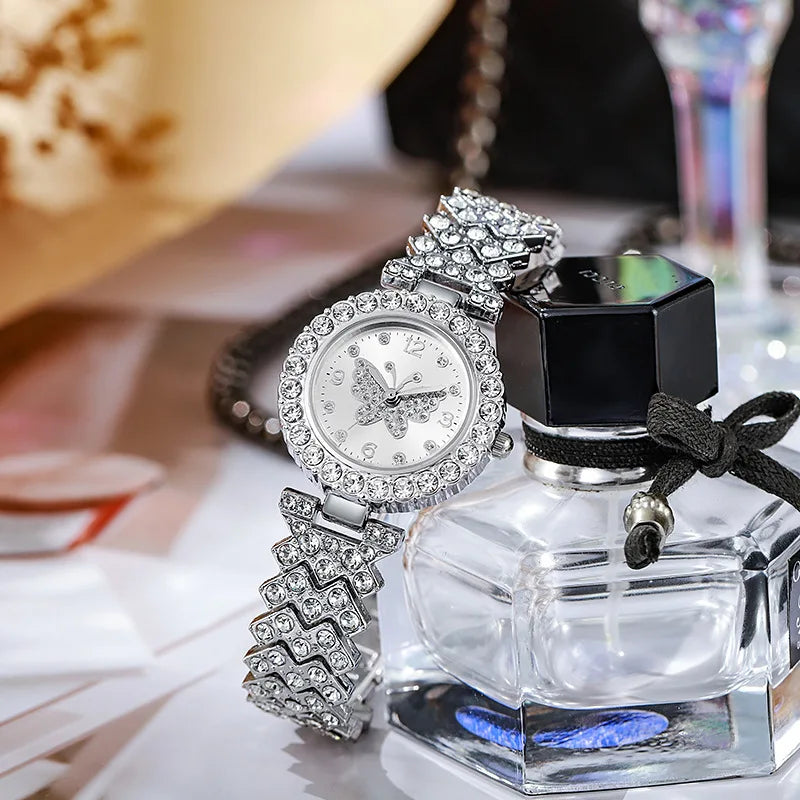 5PCS Fashion Rhinestone Butterfly Dial Women Quartz Watch Elegant Ladies Bracelet Wristwatch Jewelry Set Reloj Mujer（Without Box
