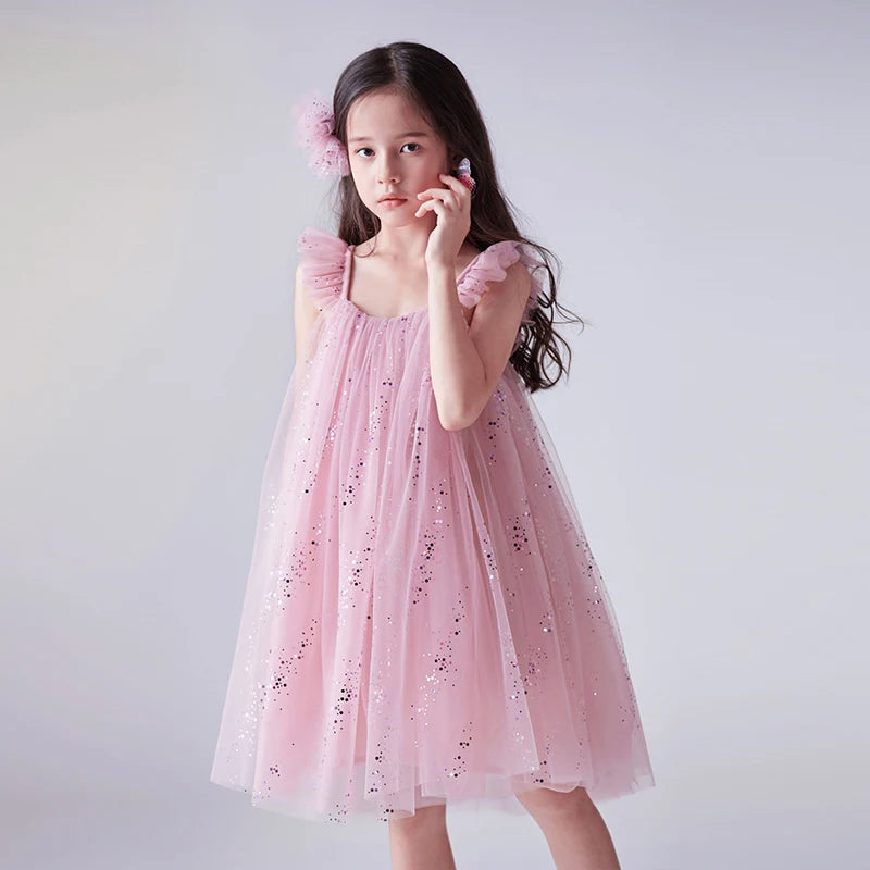 Girls Blue Sequin Princess Dress 3-8 Years Cute Birthday Party Ruffles Mesh