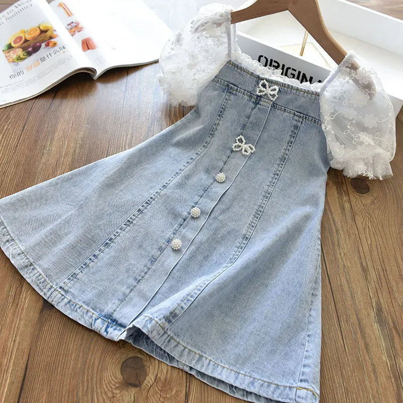 Children Girls Beads Lace Sleeve Denim  Dress Toddler  Fashion