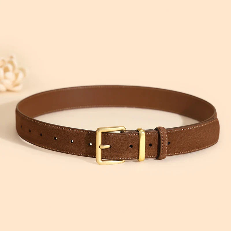 Luxury Suede Cowhide Leather Belt for Women, Vintage Style with Gold Buckle, 3.3cm Wide Waistband for Dresses & Jeans
