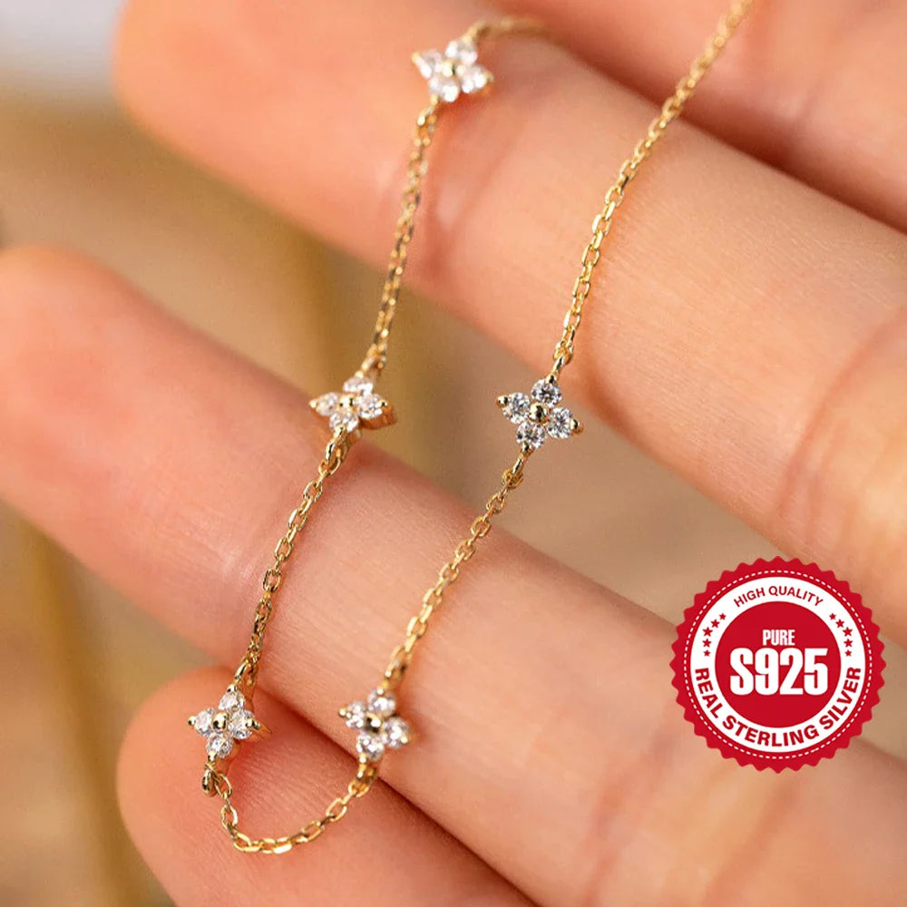 CANNER Real S925 Sterling Silver Mini Zircon Flower Pendant Bracelet Chain for Women's Fine Jewelry Gifts Gold Bracelets Bangles