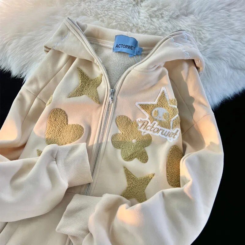 Women Retro Embroidery Hoodies Autumn Winter Zip Up Long Sleeve Loose Jacket Coats