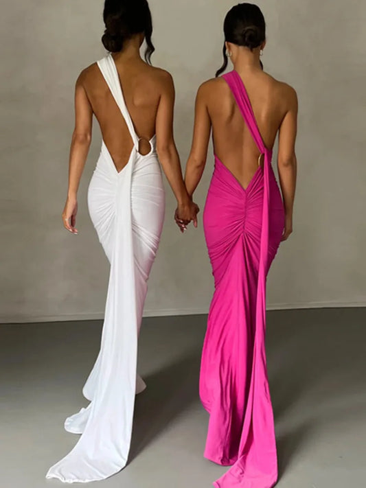 Mozision Oblique Shoulder Backless Maxi Dress For Women Gown Summer Back Strap Sleeveless Ruched Party Sexy Long Dress Vestidos