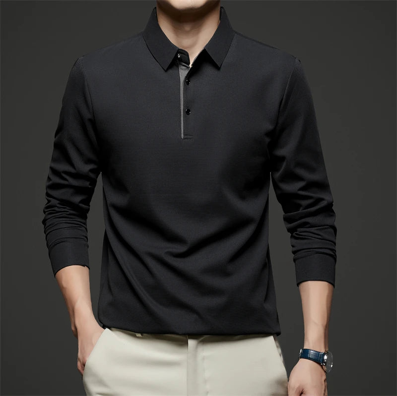 New Men's Business Casual  Long Sleeve Solid Color Polo Shirt Fashionable Warm Comfortable Four Seasons Versatile Top