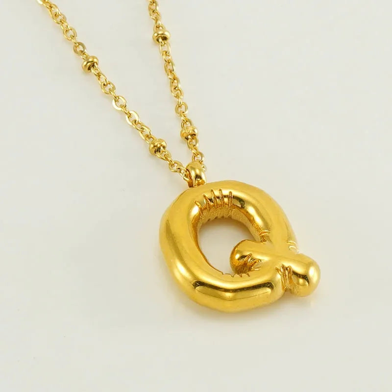 Vintage Stainless Steel Balloon Bubble Chunky Letter Necklace for Women 18K Gold