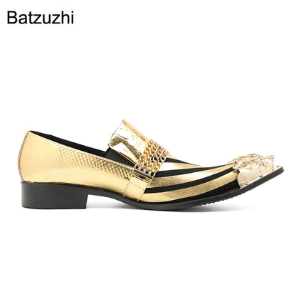 Batzuzhi Grey/Gold Formal Business, Party Shoes Men Luxury Italian Men's Shoes Pointed Metal Toe Leather Dress Shoes Men