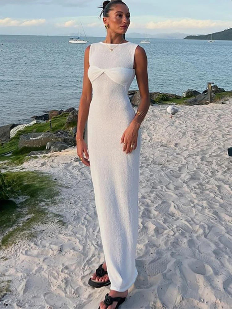 JULISSA MO Knitted See Through Ruched Women Maxi Dress Sleeveless Round Neck Dress Female Summer Skinny Elegant Party Beachwear