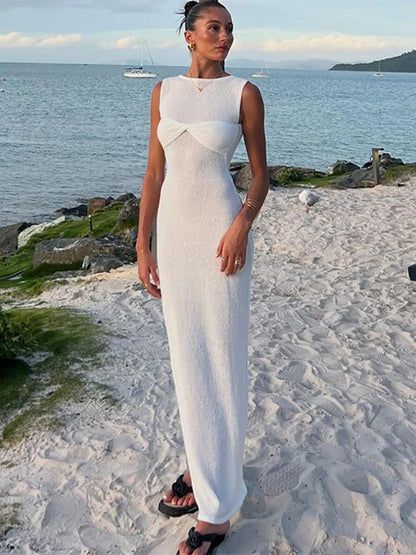 JULISSA MO Knitted See Through Ruched Women Maxi Dress Sleeveless Round Neck Dress Female Summer Skinny Elegant Party Beachwear