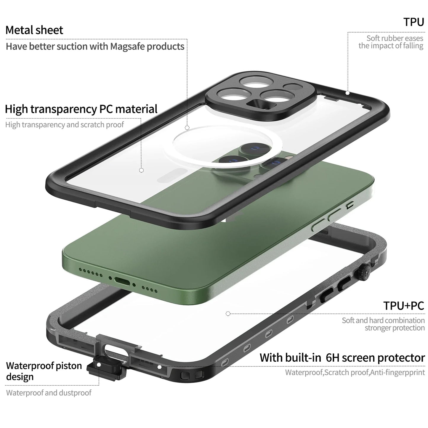 Magnetic shockproof dustproof IP68 professional waterproof phone case for iphone 16 pro max/15/14/13
