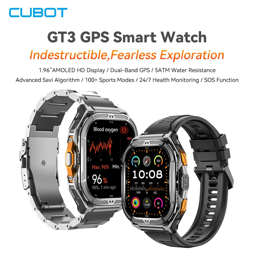Cubot GT 3 Smart Watch, 5ATM Waterproof, 1.96-inch AMOLED, Blood Oxygen, Fitness Tracker Heart Rate GPS Sport Smartwatch for Men