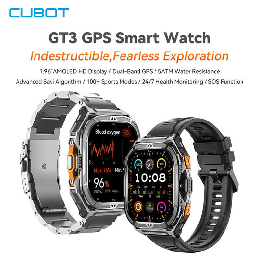 Cubot GT 3 Smart Watch, 5ATM Waterproof, 1.96-inch AMOLED, Blood Oxygen, Fitness Tracker Heart Rate GPS Sport Smartwatch for Men