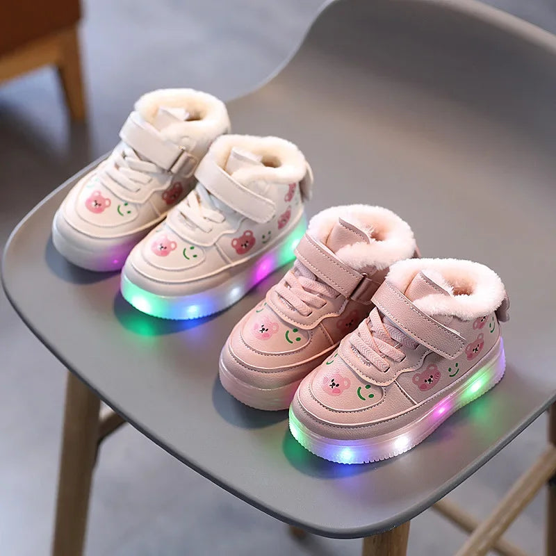 Children Cotton Shoes for Girls Led Lighted Plush Board Shoes Winter