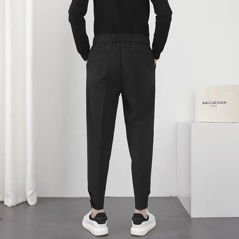 Fashion Men Casual Pants Elastic Waist Small Feet Slim Korean Style Pleated
