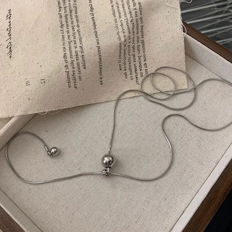 Personality Design Silver Color Stainless Steel Beaded Ball Pendant Necklace for Women Double Layer Hip Hop Rock Chokers Jewelry
