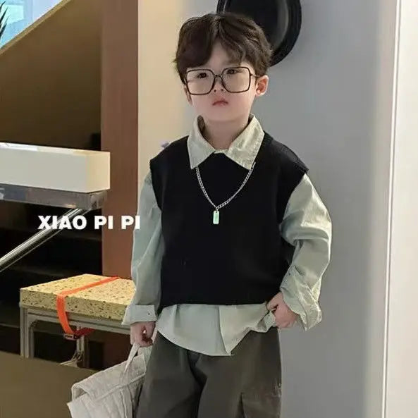 Boys' Black Vest + Shirt+ Casual Pants 3pcs Set Children's Spring Long Sleeved Early Autumn Set Baby Cool and Handsome Clothes