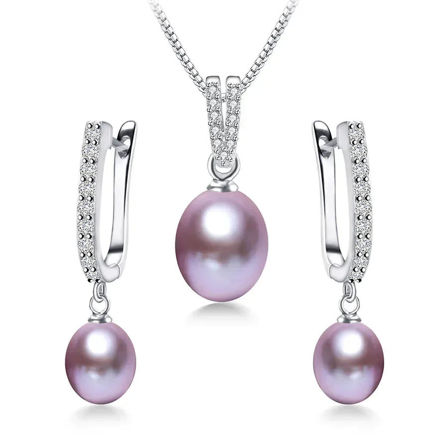 YWYC Horseshoe 8-9mm Rice Freshwater Pearl Earrings&Necklaces Jewelry Set for Women 925 Sterling Silver 45cm Pendant Necklace