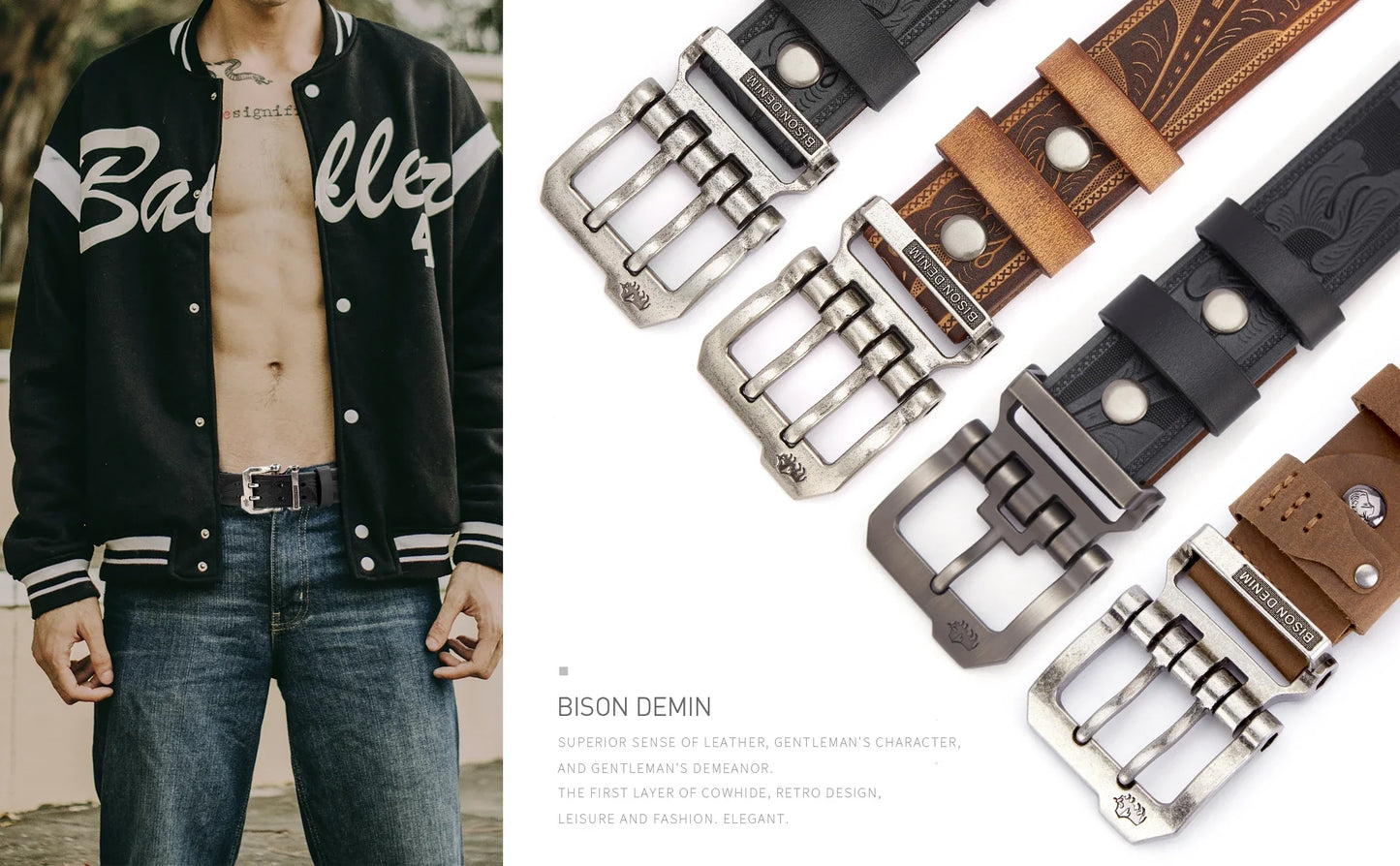 2024 BISON DENIM Men Belts Cow Split Genuine Leather Pin Buckle Business Waist Straps Retro Pin Buckle Fancy Male Belt For Jeans