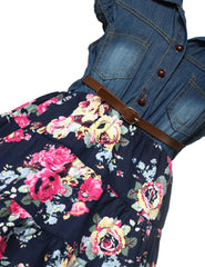 Summer Denim Dress Belted Above Knee Floral Bottom Girls Casual