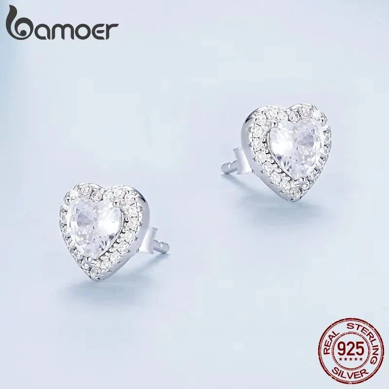 BAMOER Gold Plated Halo CZ Stud Earrings 925 Sterling Silver Hypoallergenic Classic Elegant Heart Earrings Jewellry BSE894