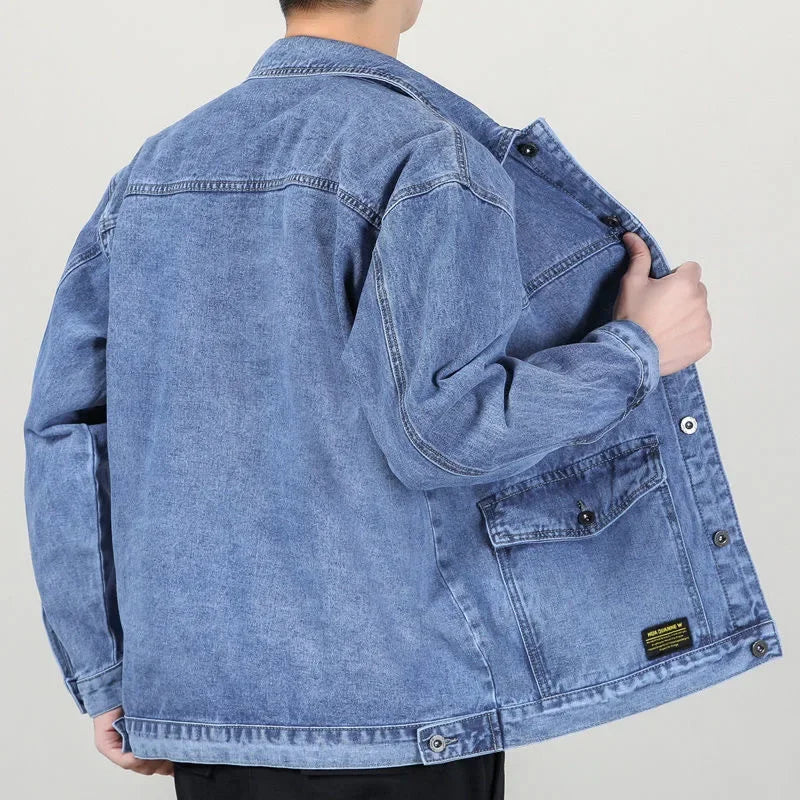 Denim jacket men's baggy multi-pocket handsome top large size lapel casual jacket