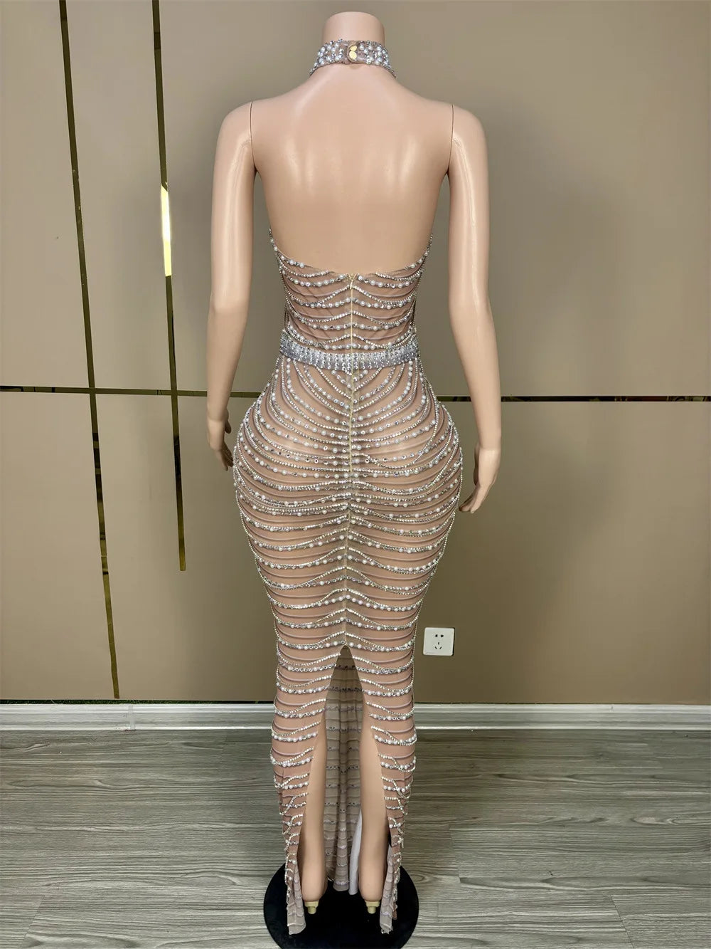 Evening Dresses: Sparkly Rhinestone Pearl Halter Stretch Long Dress Women