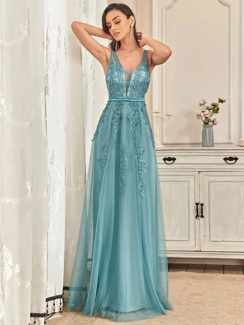Homecoming Dresses: Long Lace Beading V Neck Sleeveless Prom Dresses Women