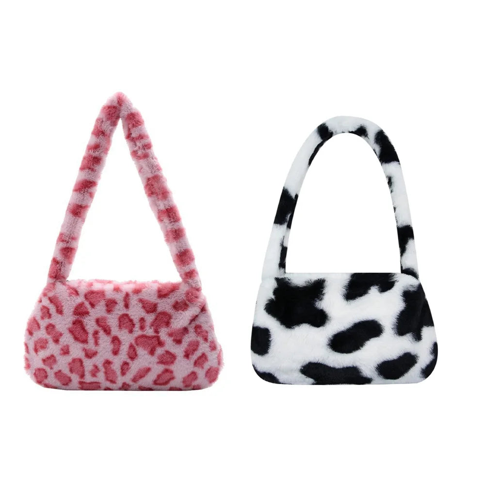 1Pc Fashion Women Cow Print Mini Shoulder Bag Women Winter Plush Armpit Bag