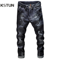 Ripped Jeans Men Dark Blue Stretch Slim Fit Distressed Streetwear Denim Pants